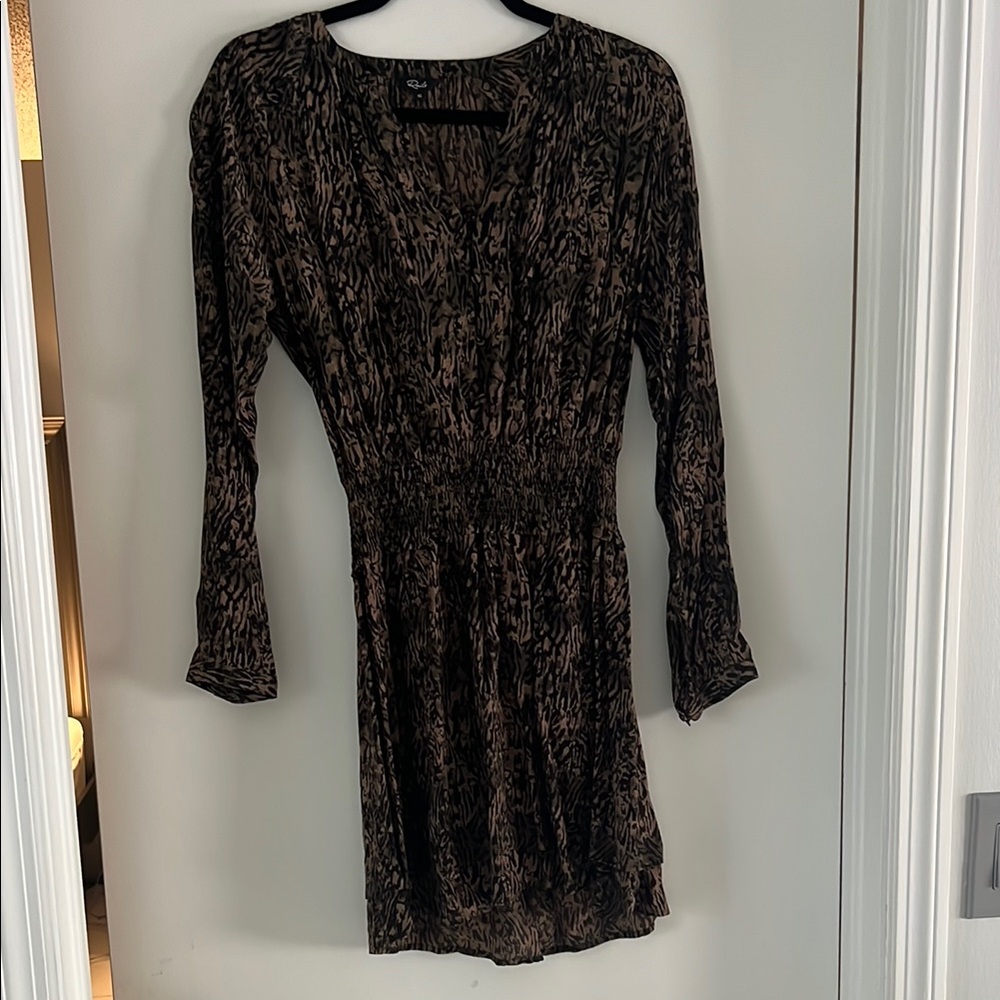 Rails Black Sheath Dress with V-neck and Bishop Sleeves buttons in front.